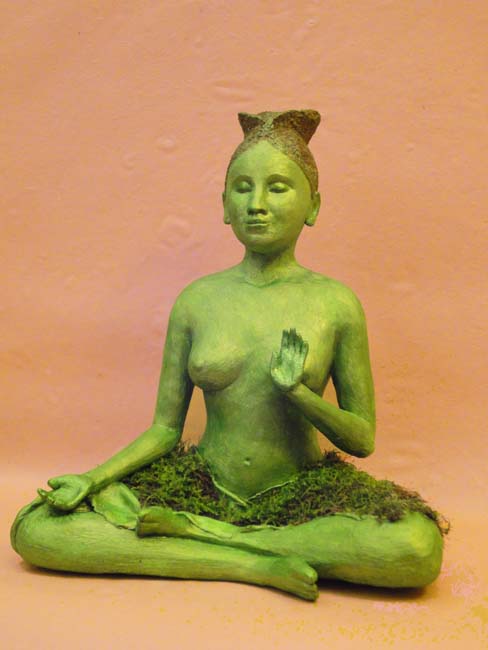 Green Tara sculpture in cast gypsum cement with patina, glitter and growing moss