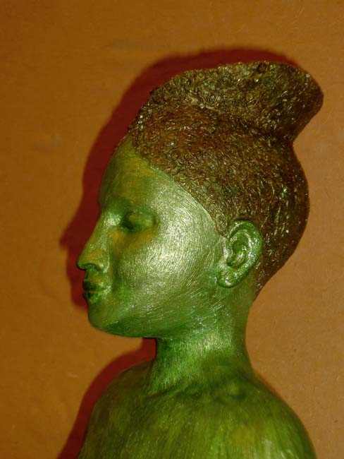 Green Tara sculpture in cast gypsum cement with patina, glitter and growing moss